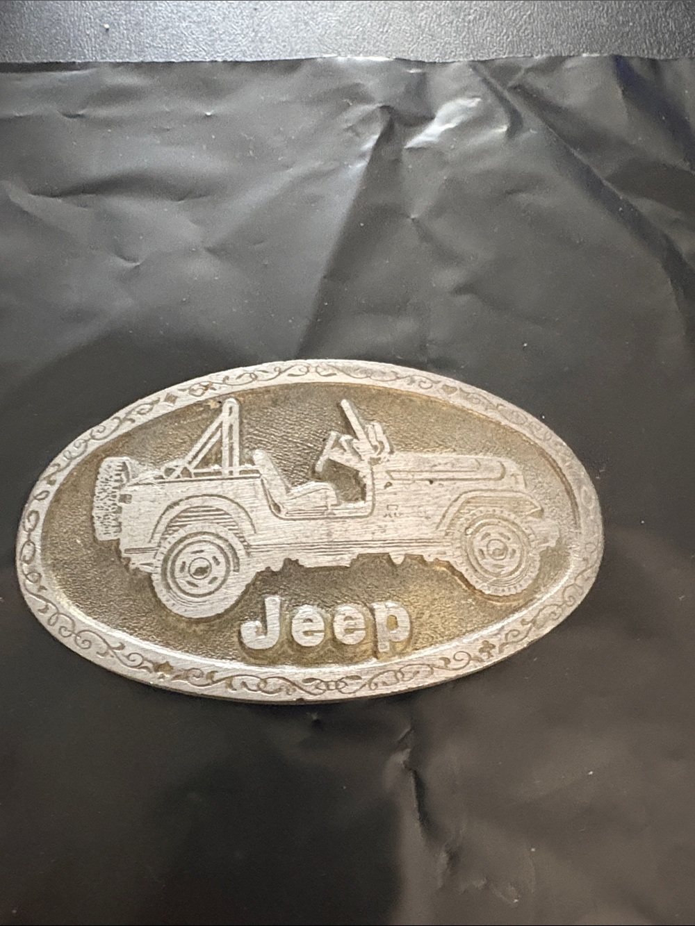 Vintage Jeep Oval Metal Belt Buckle in Silver and Bronze Tones